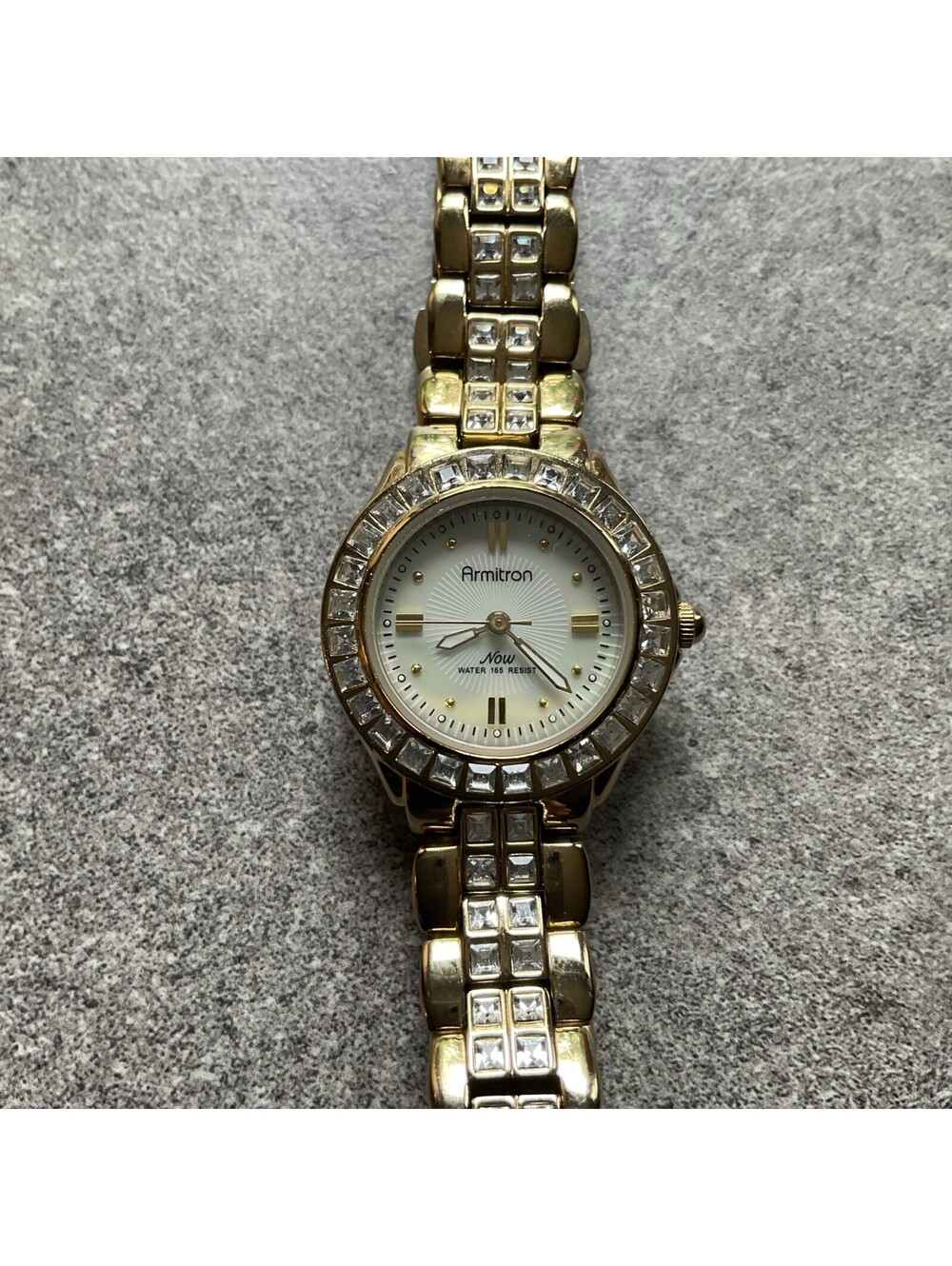 Armitron Womens Watch 27mm Gold Tone Case MOP Dial Crystal Accent Bezel A17
